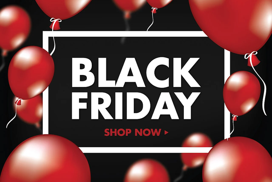Ein Bild mit mehreren roten Ballons und einer Black Friday-Aufschrift in der Mitte