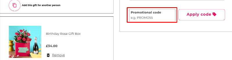 The checkout page showing a red highlighted box where you should paste your Flying Flowers voucher code