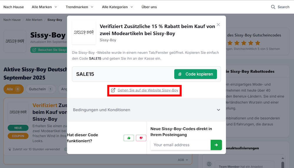 Offener Sissy-Boy Rabattcode mit einem rotmarkierten Link