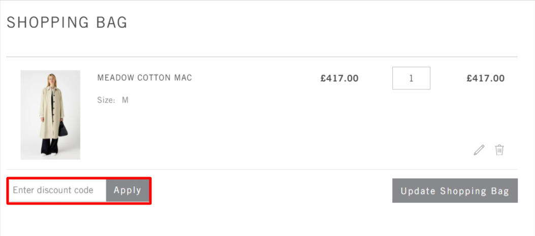 The checkout page showing where to apply your Bamford voucher code