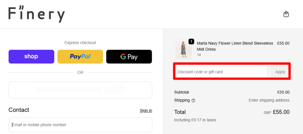 Paste your Finery discount code in the red box to get your discount
