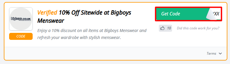 A red box will reveal a Bigboys Menswear voucher code