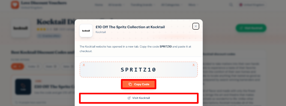 Choosing a Kocktail promo code on Love Discount Vouchers