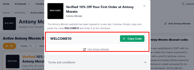 revealed 10% discount offer at the Antony Morato website in the UK