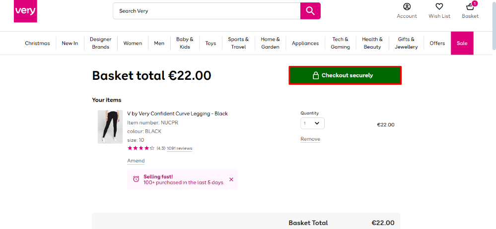 Very Ireland's shopping basket where you can proceed to the checkout