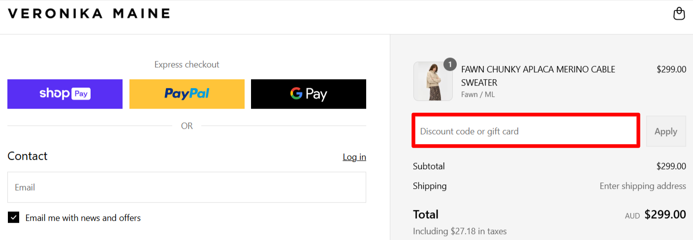 The Veronika Maine checkout page with the promo code box highlighted with a red box