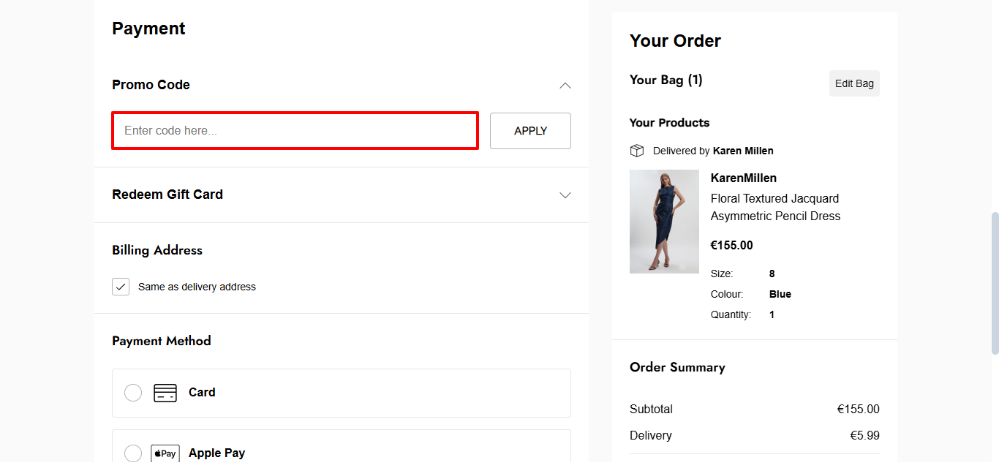 Karen Millen discount code place in the payment section