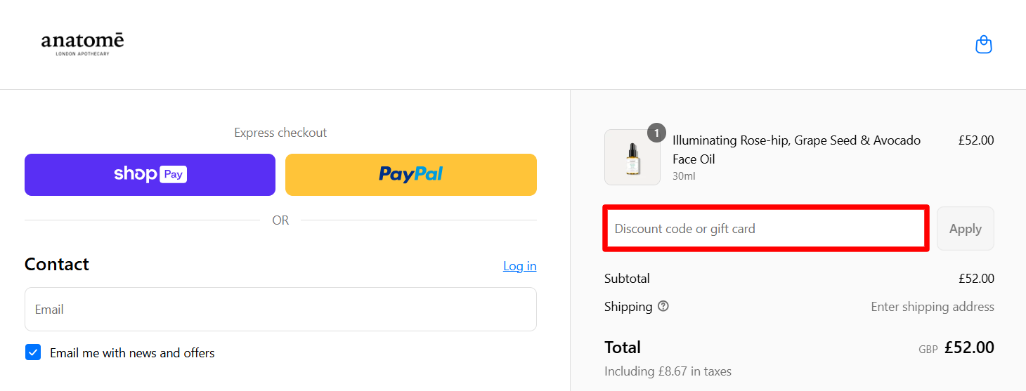 The anatome checkout page with the voucher code box highlighted with a red box