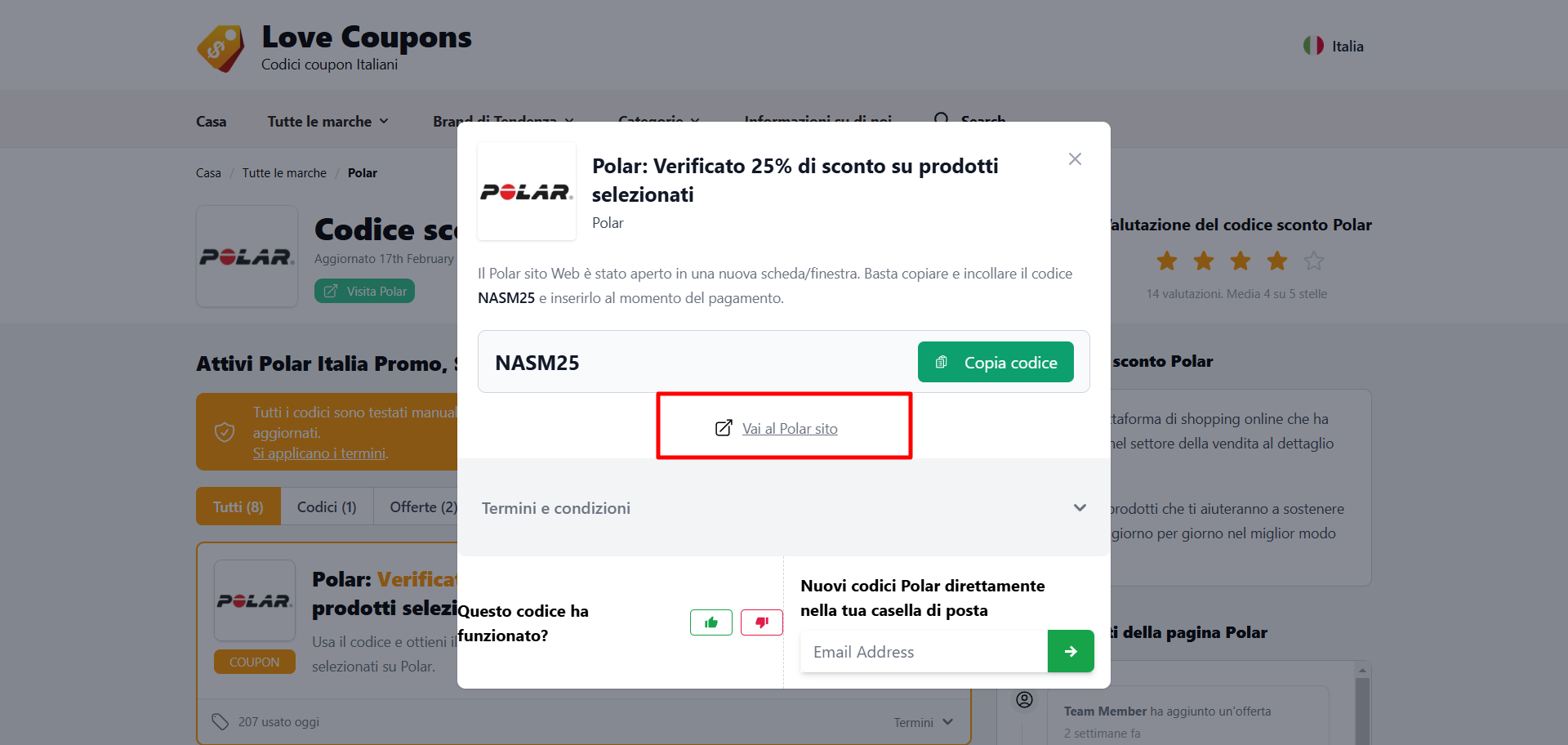 collegamento diretto al sito ufficiale Polar dove poter inserire un coupon Polar nel carrello virtuale