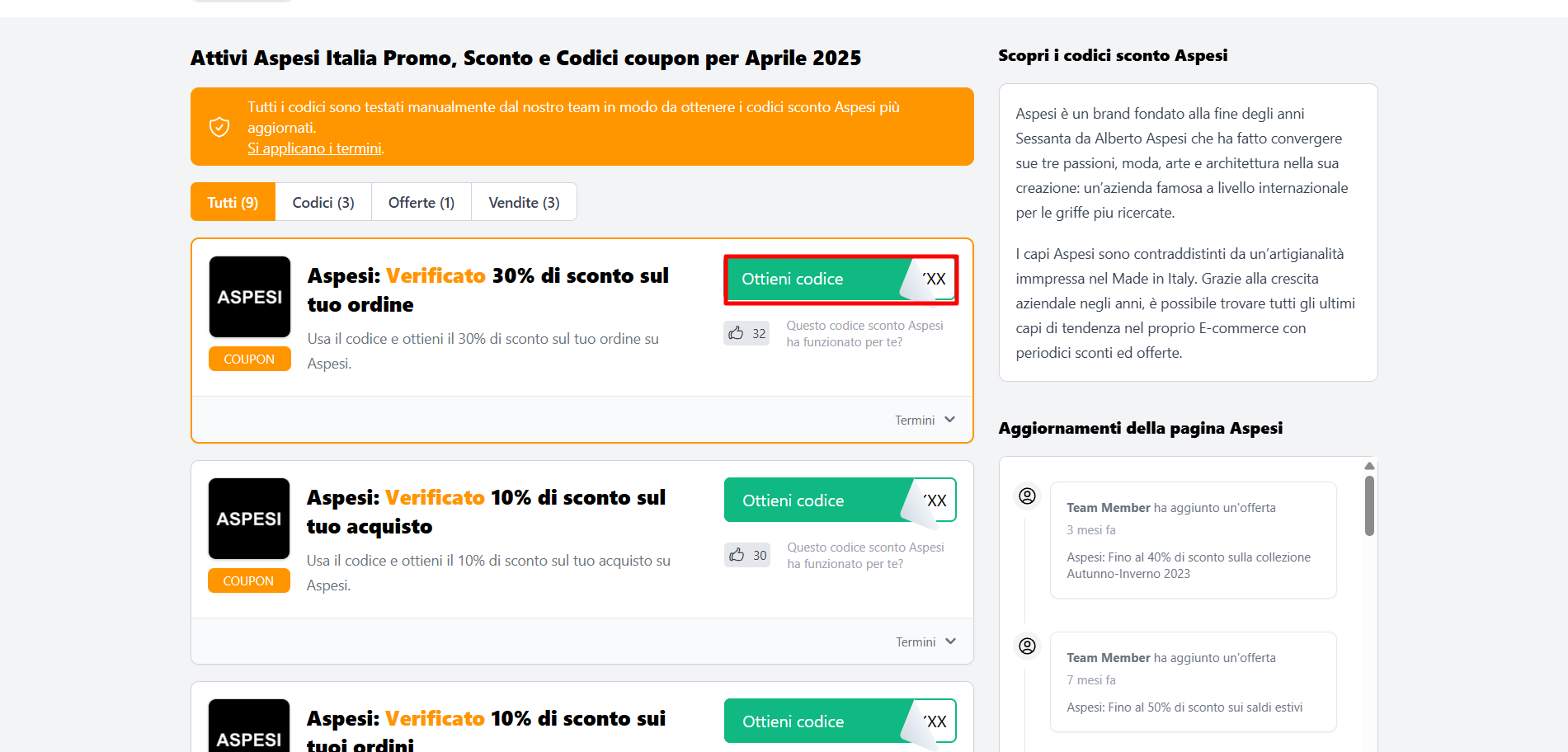 codice sconto Aspesi visibile da poter prelevare per poterlo inserire nei passi successivi e applicare lo sconto