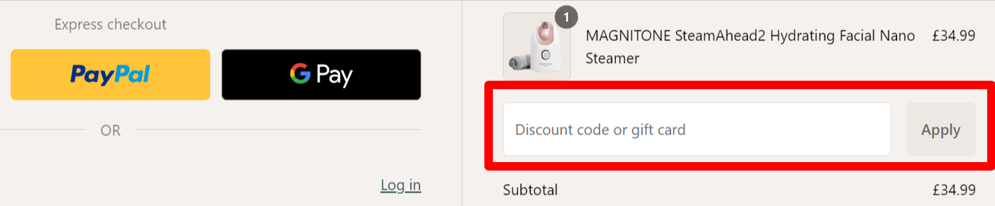 highlighted red box where customers can enter their Magnitone discount code