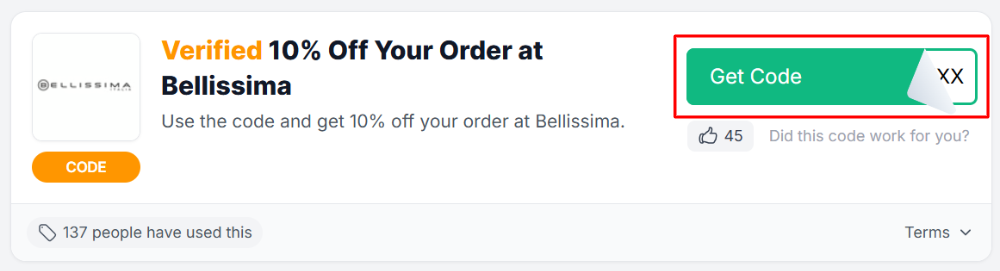 A Bellissima discount code with "Get Code" in a red box.