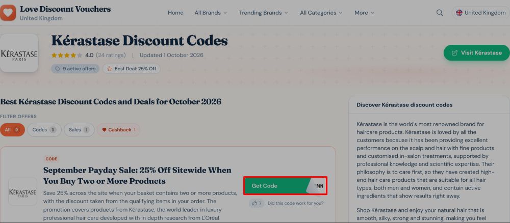 The page where you get a Kérastase  voucher code