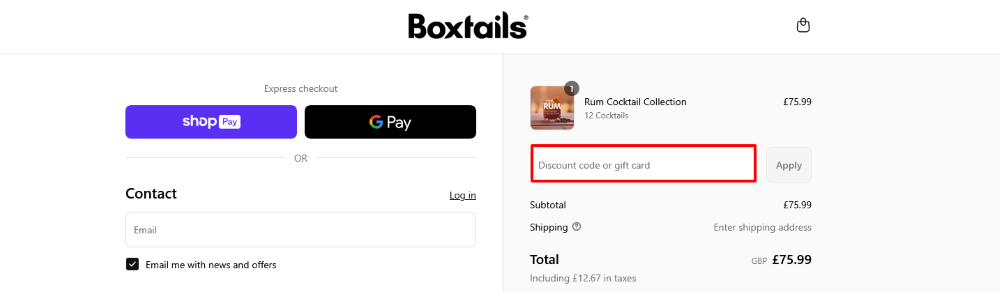 The checkout page for Boxtails, where you paste the code
