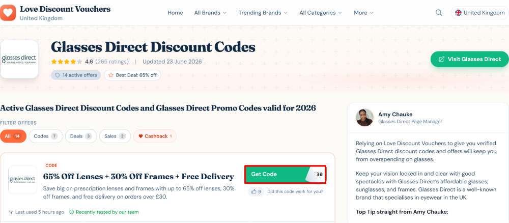 Glasses Direct page on Love Discount Vouchers where you copy the code highlighted in the red box.