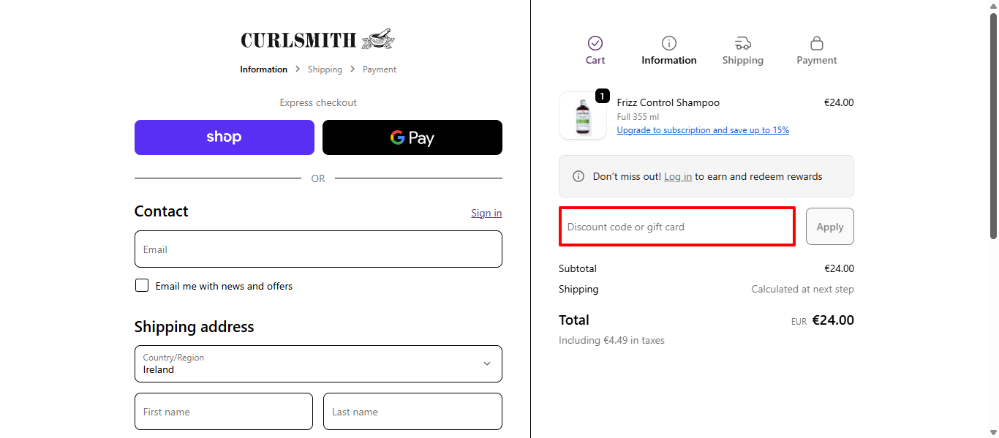 Curlsmith promo code box in the checkout