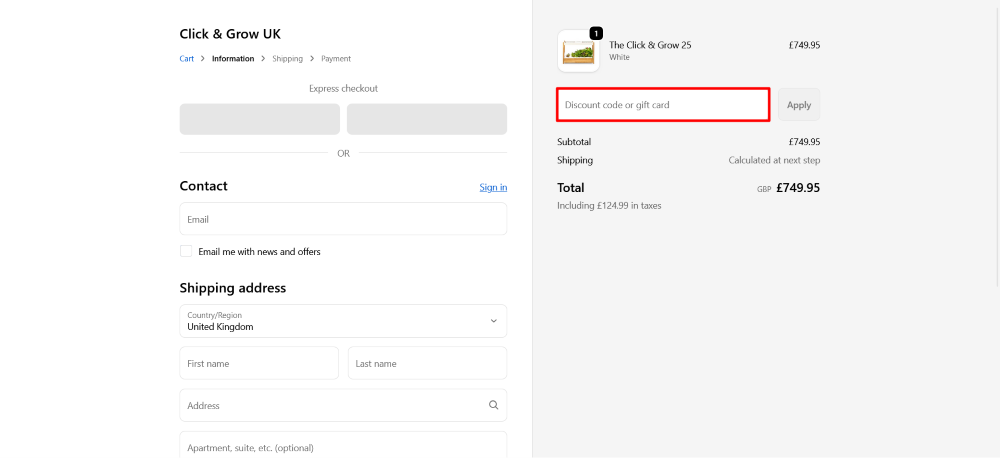 Click & Grow checkout page redb box showing where to paste a code