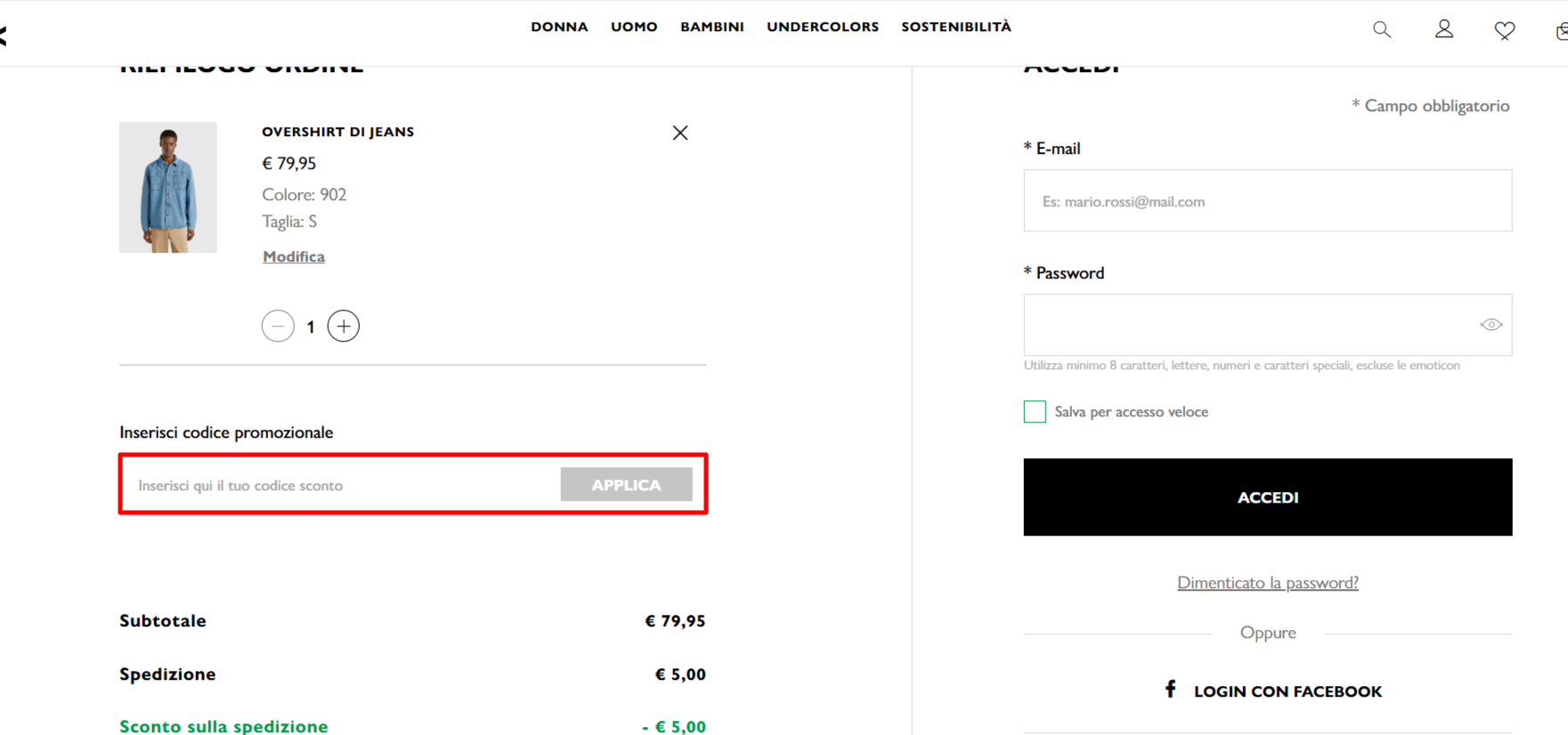 fase checkout della piattaforma Benetton dove poter inserire il codice sconto Benetton e applicarlo per abbassare il prezzo