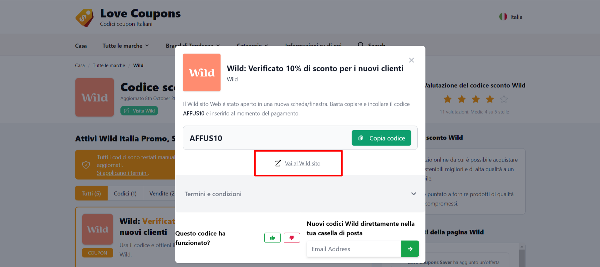 collegamento diretto al sito Wild per utilizzare il codice sconto Wild e risparmiare