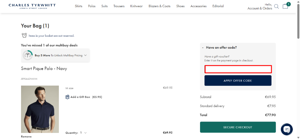 Charles Tyrwhitt discount code place highlighted by a red box