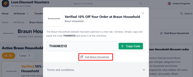 The highlighted red box shows the link to the Braun Household website