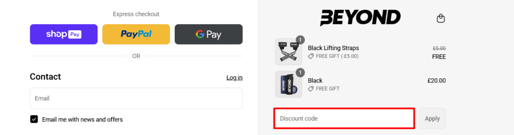 The checkout page for Beyond Shakers, where you paste the code