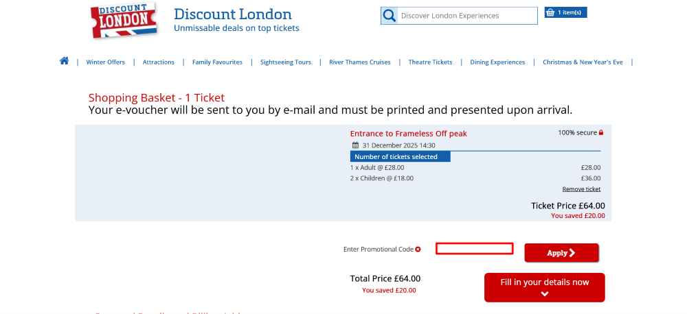 Discount London checkout page showing where to paste a promo code