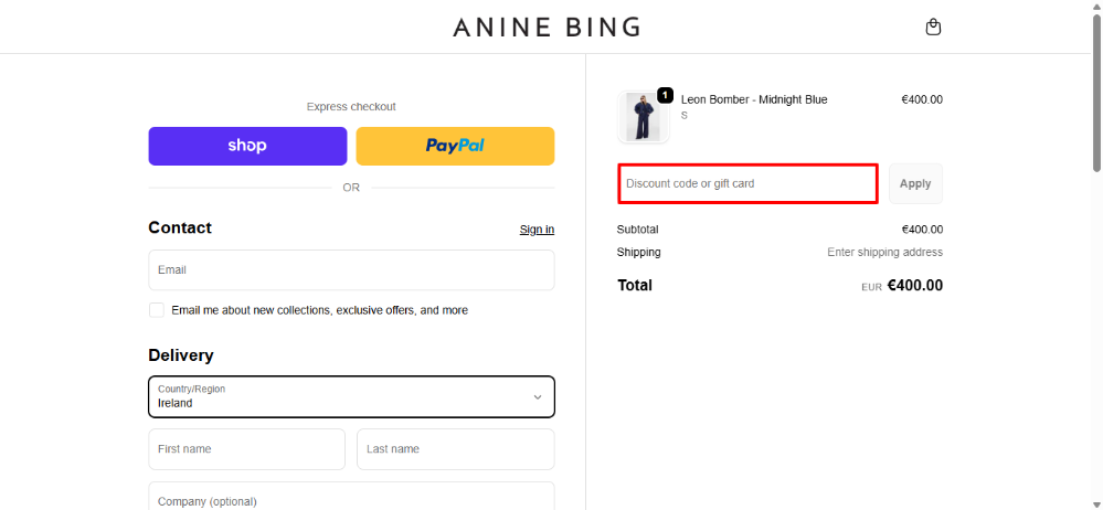 ANINE BING discount code place highighted by a red box