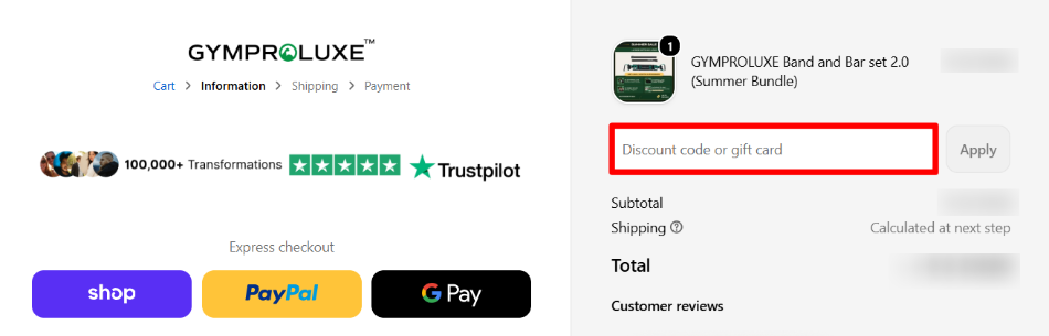 The checkout page with the Gymproluxe voucher code box highlighted in a red box