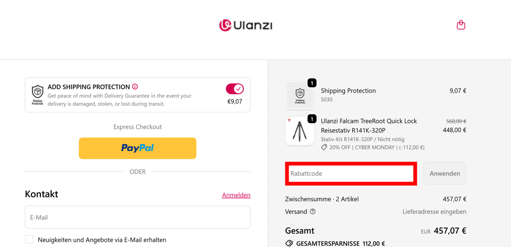 Checkout von Ulanzi mit einem rotmarkierten Eingabefeld für Rabattcodes