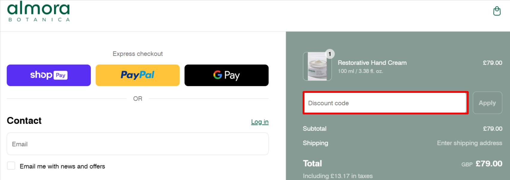 The checkout page showing where to apply your Almora Botanica voucher code