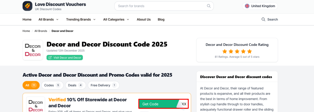 Love Discount Vouchers' Decor and Decor page where you copy a code