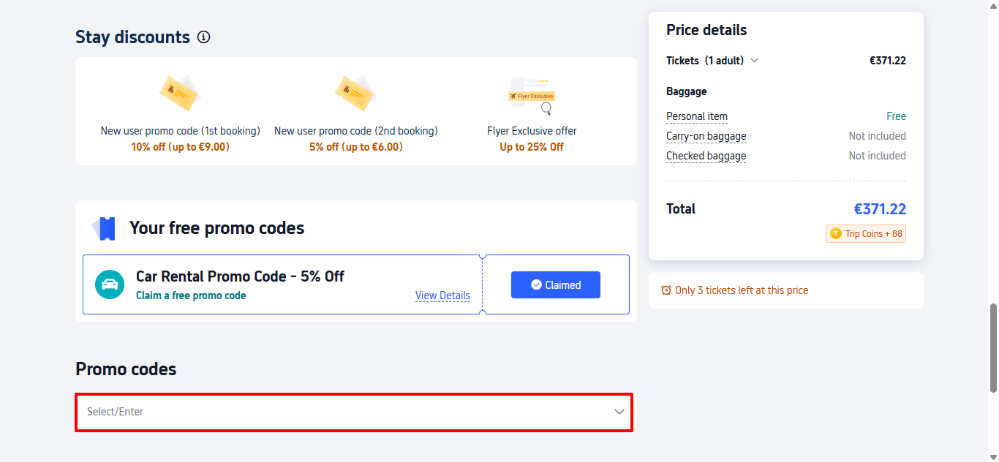 Trip.com discount code place in the checkout