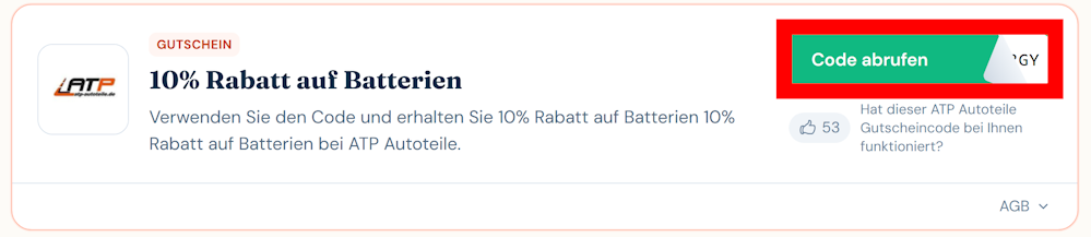 Angaben zu einem Gutscheincode für ATP Autoteile mit einem rotmarkiertem grünen Button