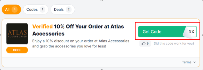 The Love Discount Vouchers page shows Atlas Accessories UK promo codes and offers to use on your purchase