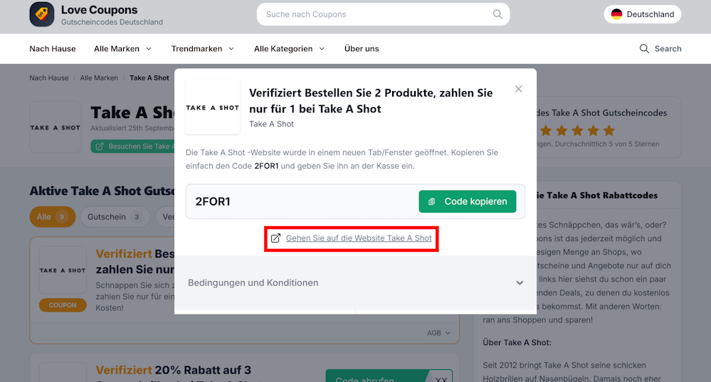 Ein offener Take A Shot Gutscheincode auf Love Coupons mit einem rotmarkierten Link