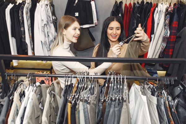Two women in a clothing store shopping for clothes together