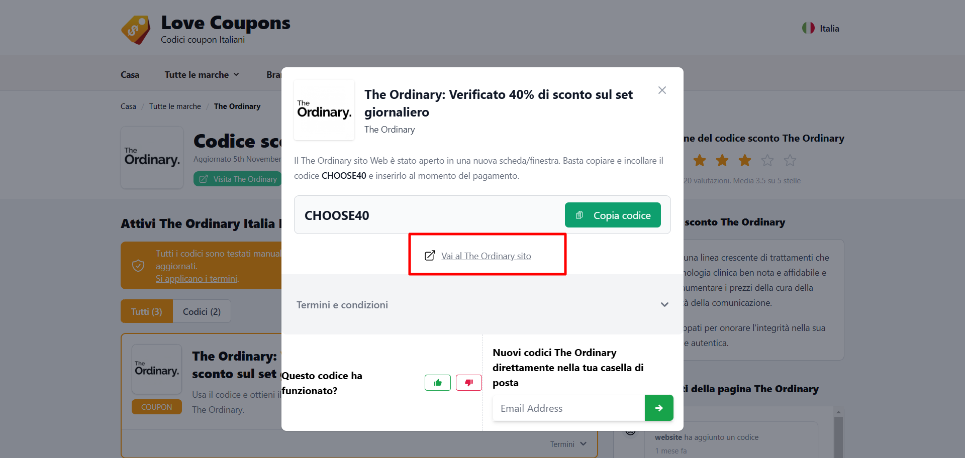 collegamento diretto al sito per poter inserire il coupon The Ordinary copiato precedentemente