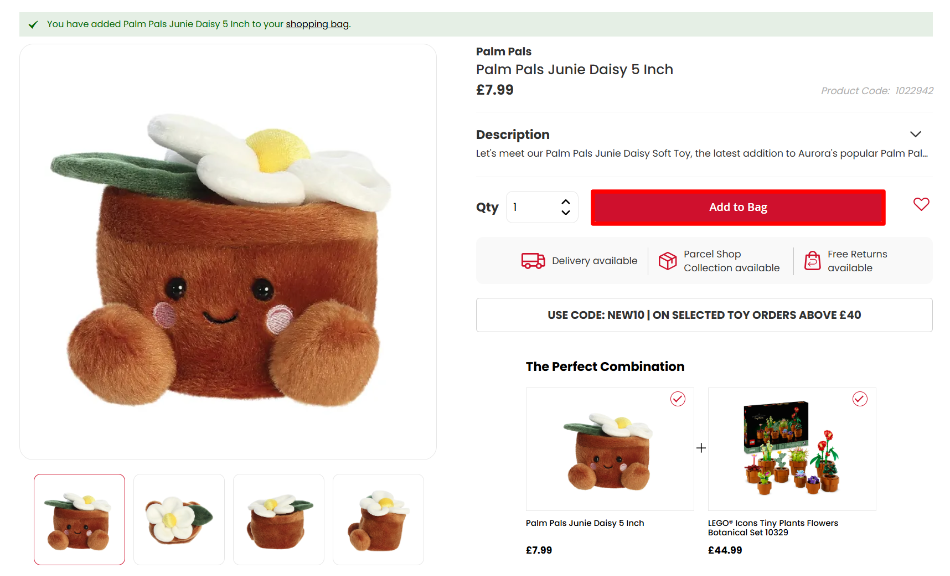 A Hamleys product page with the “Add to Bag” button highlighted with a red box