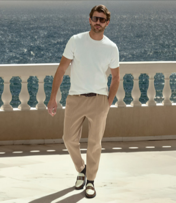 A man wearing a Falke white cotton t-shirt