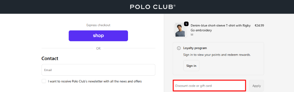 Polo Club promo code box on the Polo Club checkout page