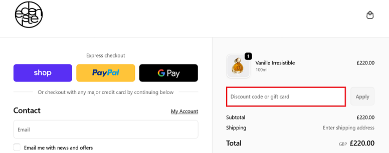 image showing the Edeniste checkout page