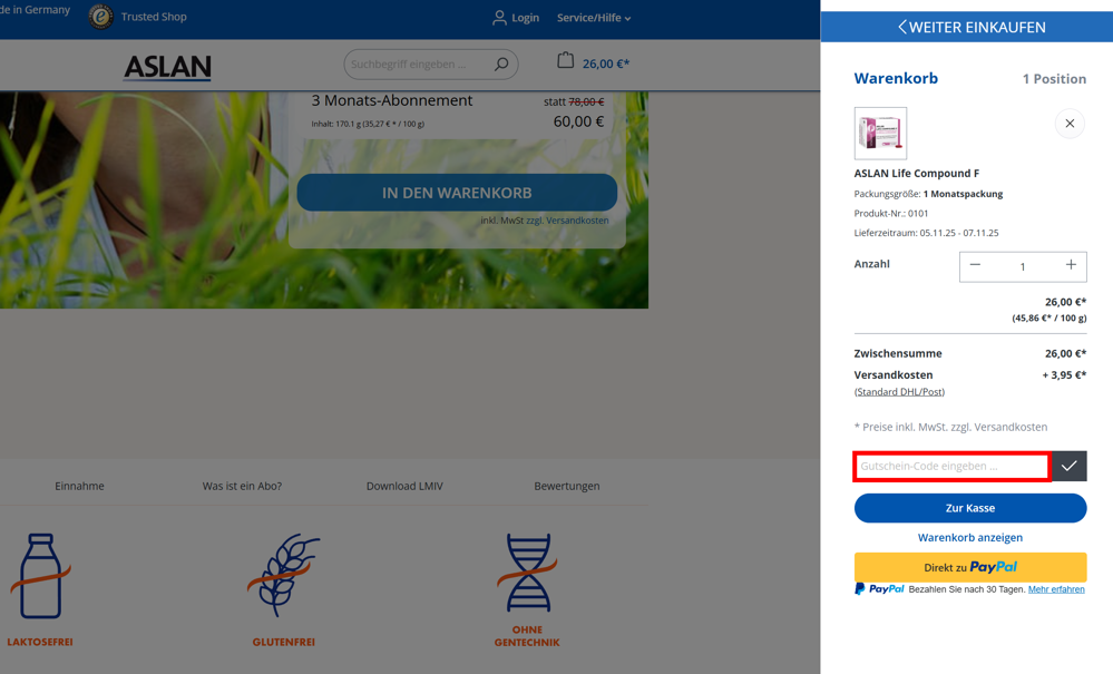 Warenkorb von ASLAN mit einem rotmarkierten Eingabefeld für einen Rabattcode