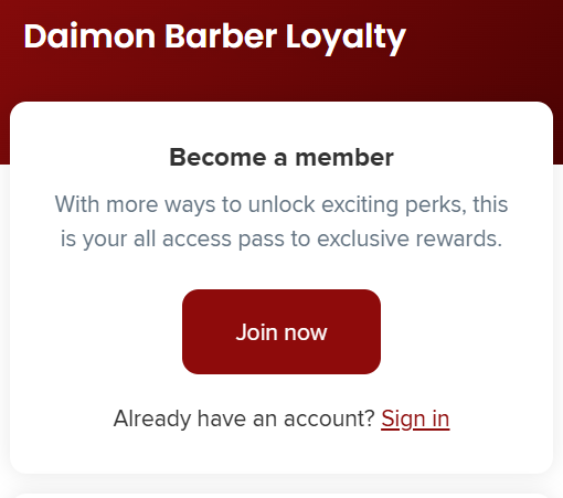 The Daimon Barber loyalty program banner from their website