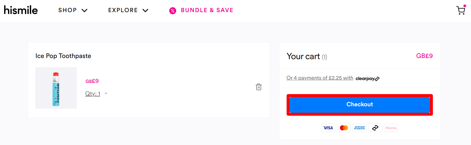HiSmile order summary page with the checkout button highlighted with a red box
