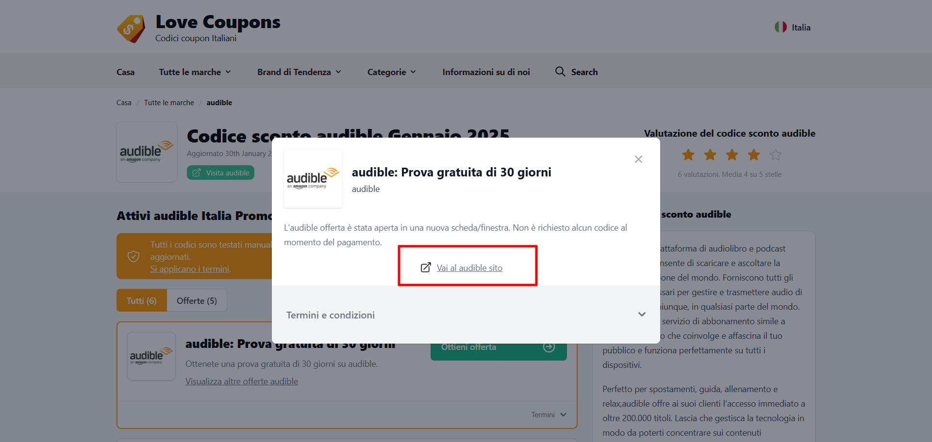 collegamento al sito ufficiale audible dove poter inserire un codice sconto audible oppure le varie offerte della lista