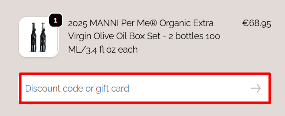 sezione checkout del sito MANNI oil dove poter inserire un codice sconto MANNI oil e risparmiare