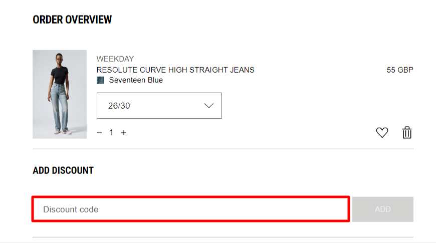 The WEEKDAY order overview page showing where to enter the discount code.