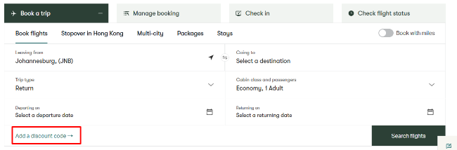 add a discount code box after chosing flight destinatons