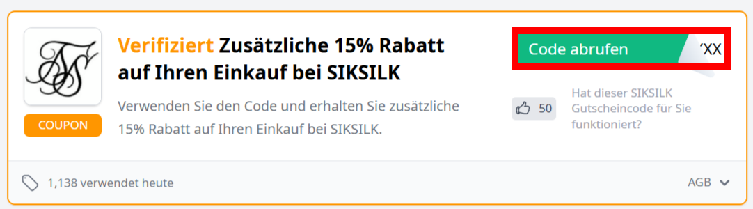 Infos zu einem Gutschein von siksilk mit rotmarkiertem Abruf-Button